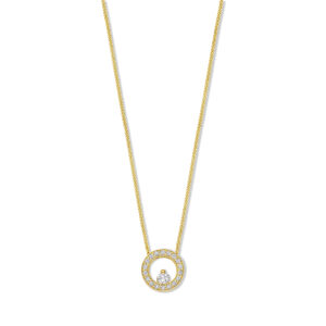 Deze ketting van Minioro is van 14 karaat goud. De ketting is afgewerkt met prachtige diamanten en een grote diamant in het midden.