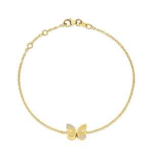 Ontdek de 14 karaats gouden armband met een vlinderbedel en fonkelende diamanten. Een elegant en betekenisvol sieraad, perfect als cadeau of voor jezelf.