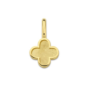 Deze klaverbedel van het merk Minioro is gemaakt van 14 karaats goud en heeft een grotere hanger waarin een vingerafdruk, as of moedermelk kan worden verwerkt. Zodat dit een elegant en persoonlijk aandenken vol betekenis is.