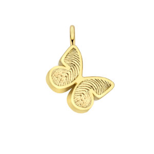 Deze vlinderbedel van het merk Minioro is gemaakt van 14 karaats goud en heeft een hanger waarin een vingerafdruk kan worden verwerkt. Zodat dit een elegant en persoonlijk aandenken vol betekenis is.