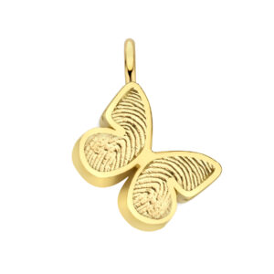 Deze vlinderbedel van het merk Minioro is gemaakt van 14 karaats goud en heeft een hanger waarin een vingerafdruk kan worden verwerkt. Zodat dit een elegant en persoonlijk aandenken vol betekenis is.