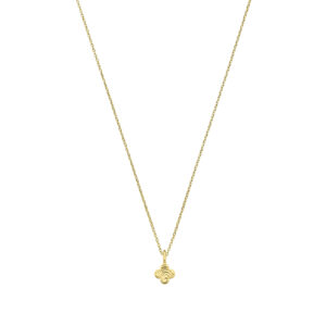 Deze ketting met klaverbedel van het merk Minioro is gemaakt van 14 karaats goud en heeft een hanger waarin een vingerafdruk kan worden verwerkt. Zodat dit een elegant en persoonlijk aandenken vol betekenis is.