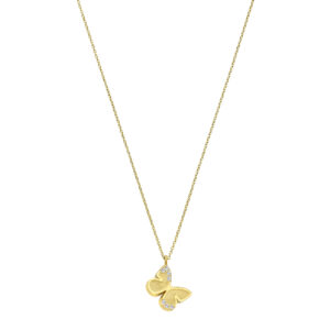 Ontdek de 14 karaats gouden ketting met een vlinderbedel en fonkelende diamanten. Een elegant en betekenisvol sieraad, perfect als cadeau of voor jezelf.
