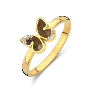 Deze ring van Minioro is gemaakt van 14 karaats goud. De sieraden kunnen worden afgewerkt met prachtige diamanten maar ook met moedermelk of as. Zo heb je echt een uniek en persoonlijk sieraad.