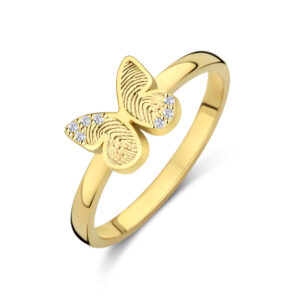 Deze ring van het merk Minioro bestaat uit 14 karaats goud en heeft een vlinderbedel waarin een vingerafdruk of gravering kan worden. Zo ontstaat een elegant en persoonlijk aandenken vol betekenis, afgewerkt met schitterende diamanten.