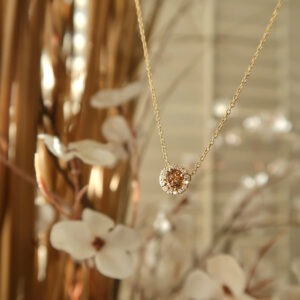 14 karaats goud ketting met bruine diamant en halo 0.32 ct