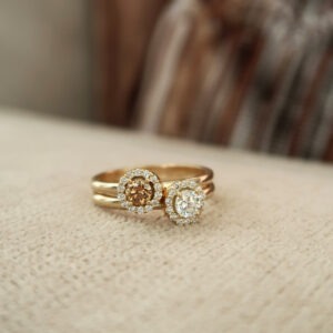14 karaats goud ring met bruine diamant en halo 0.32 ct
